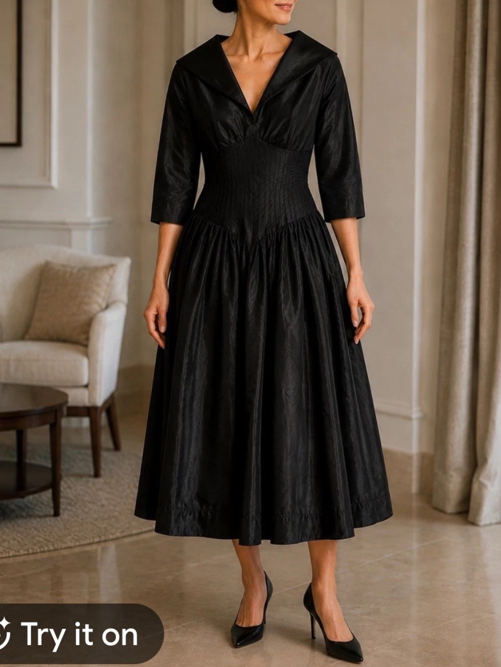 Ricky Freeman Teri Jon Elegant Black Midi Taffeta Dress with Fitted Waist 6